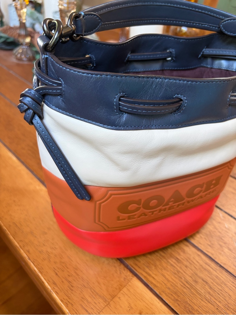 Rare Coach Color-block Leather Bucket Bag - Navy, Cream, Tan & Orange - Picture 7 of 7